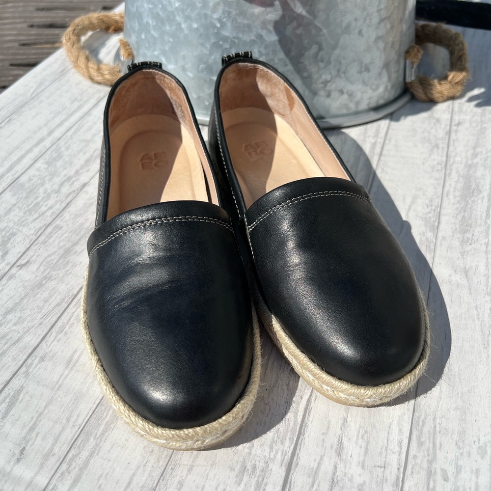 Black Leather Espadrille Slip-On Shoes - Women - Picture 2 of 14